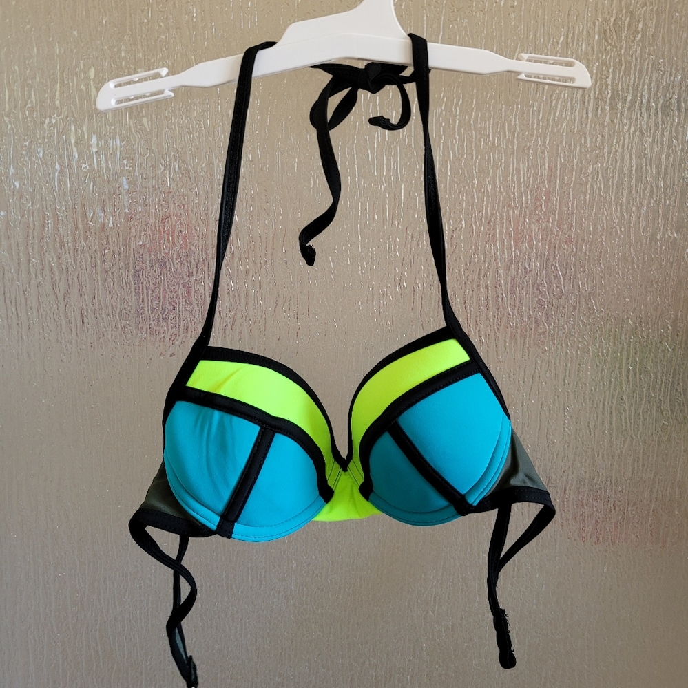 XS Neon Yellow, blue, and black Xhilaration Bikini Bra Top